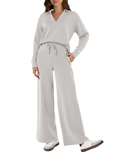 Glamaker Women's 2 Piece Sets Outfits Casual Long Sleeve Sweatsuits Polo Top and Wide Leg Pants Matching Sets