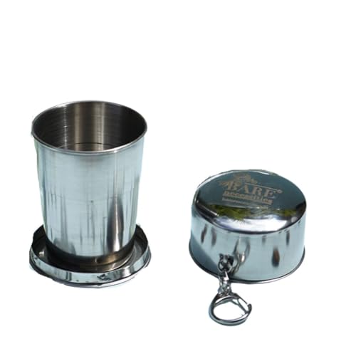 Image of Bare necessities Collapsible Travel Mug | Portable Glass for Drinking Tea, Coffee, Milk, Juice | Expandable Food Grade Stainless Steel Cup with Lid for Outdoor Camping | Reusable Tumbler 150 ml