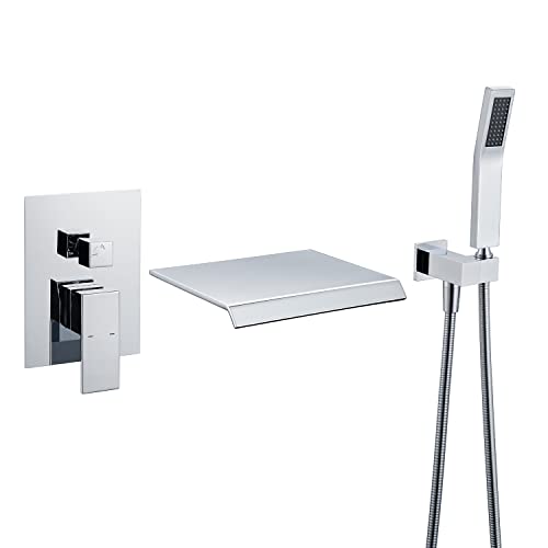 Wowkk Waterfall Tub Faucet Wall Mount Tub Filler Chrome Roman Bathtub Faucet Brass Single Handle Bathroom Faucet With Hand Shower #TOP10