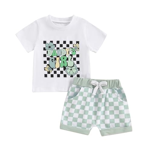 Image of 2Pcs Set Baby Girl Summer Clothes Mamas Girl Short Sleeve T Shirt Top+Checkerboard Shorts Toddler Outfit Set