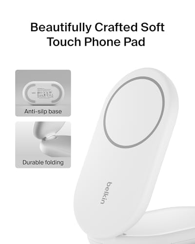 Image of Belkin MagSafe Charger Compatible BoostCharge 2-in-1 Magnetic Foldable Charger 15W - Qi2-Certified Wireless Charger for Apple iPhone 15, iPhone 14, Apple Watch w /Non-Slip Base, PSU Included - White