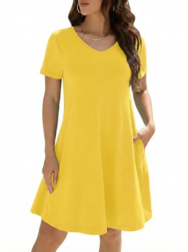 KORSIS Dresses for Women Casual T-Shirt Summer Short Sleeve A Line Sundress Swing Flowy Work Vacation Sundress with Pockets Yellow S KORSIS Dresses for Women Casual T-Shirt Summer Short Sleeve A Line Sundress Swing Flowy Work Vacation Sundress with Pockets Yellow S