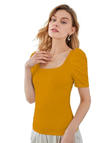 Image of Shasmi Women's & Girl's Polyester Regular Fit Square Neck Short Puff Sleeve Ruched Bust Solid Tops (Shree Top 27)