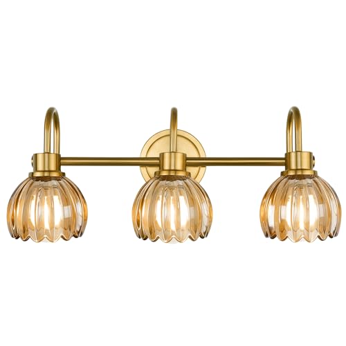 Image of 3-Light Gold Bathroom Vanity Light, Amber Tulip Glass Shade | 21 Inch Bathroom Light Fixtures Over Mirror, Modern Brass Vanity Lighting Fixtures, AD-22282-3W-GD-OR