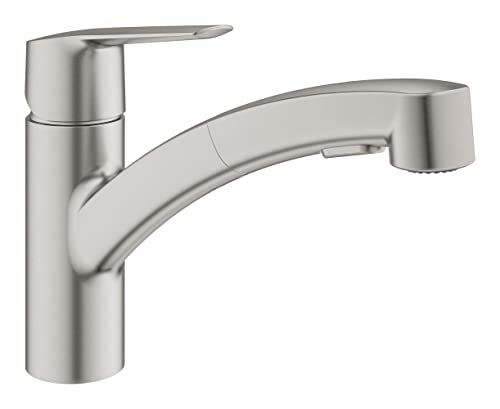 GROHE QUICKFIX Start Mitigeur monocommande évier de cuisine Start, Douchette extractible 2 jets, Installation facile, Rotation 90°, Supersteel, 30351DC1 (Import...