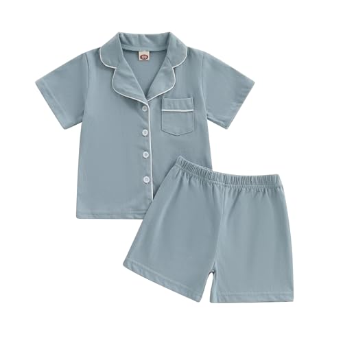 Balaflyie Toddler Baby Pajama Set Boy Girl Button Down Sleepwear Short Sleeve Shirt&Shorts Cotton Jammies Kids Lounge Sets (Dust Blue,3 Years)