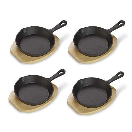 ECHTWERK Servierpfannen Set aus Gusseisen, Mini Pfännchen mit Servierbrett, Kleine Grillpfanne, Bereits eingebrannt, Für Backöfen, Grill und BBQ geeignet, 4tlg, Schwarz