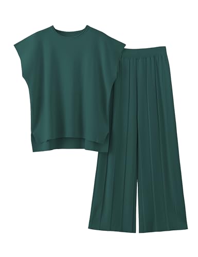 Women Knit 2 Piece Sweater Sets Pullover Tops High Waist Wide Leg Pants Lounge Set