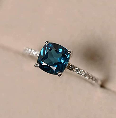 Koguxuix 14k White Gold Plated Sterling Silver Peacock Blue Topaz Square Diamond Ring Gemstone Ring Aquamarine Gemstone Wedding Bridal Band Ring for Women (7)2