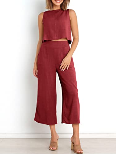 Image of ANRABESS Women's Summer 2 Piece Outfits Sleeveless Tank Crop Button Back Top Cropped Wide Leg Pants Set Pockets