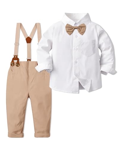 Image of SANGTREE Baby Suits for Boys Gentleman Wedding Outfits Long Sleeve Dress Shirt Suspender Pants Bowtie Boy Clothes Set, 1-6T