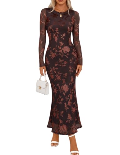 MEROKEETY Womens Fall Velvet Formal Wedding Guest Maxi Dress, Brown, S