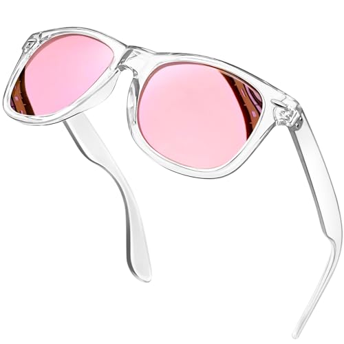 KANASTAL Lunettes de Soleil Femme Polarisées Lunette de Soleil Rose Miroir Monture Transparente Mode pour Voyage Plage
