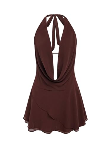 GORGLITTER Women's Halter Backless Dresses Deep V Neck Flowy Chiffon Bow Tie Layered Party Summer Mini Dress