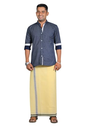 Image of PRAKASAM COTTON Velcro Pocket Dhoti | Thalapathi Border Readymade Cotton Kerala Mundu for Men