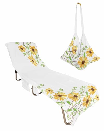 Hand-paint Floral Beach Pool Patio Lounge Chaise Chair Cover Towel With Pockets,Absorbent&Quick Dry Microfiber Towel Cover Bag Summer Travel Accessories for Sunbathing Rural Summer Yellow Daisy Flowrs