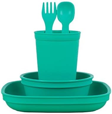 Re-Play Kids Dinnerware Set - 10 oz. Open Cup, 7" Flat Plate, 12 Oz. Bowl, Rounded Tip Fork and Deep Scoop Spoon - Dishwasher/Microwave Safe - Made in USA - Aqua