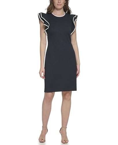 Image of Tommy Hilfiger Women's Sleeveless Ruffle Hem Jewel Neck Crepe Sheath Mini Dress