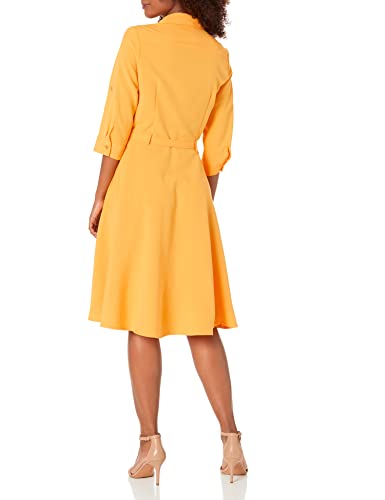 Image of Sharagano Women's Pleated Shirt Dress - 3 /4 Sleeve, V-Neck, Gold Buttons