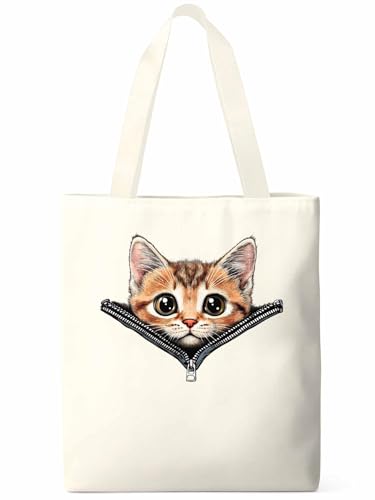 Canvas Tote Bags,Grocery Shopping Cloth Bag Cute Cat Open Zipper Reusable Shoulder Bags Tote Bag for Travel Work Gym