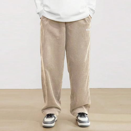 Corduroy Pants Men Relaxed Fit Casual Fashion Elastic Waist Mens Dress Pants Slim Fit Stretch Wide Leg Drawstring Cord Comfort Loose Classic Vintage Work Pants Y2K with Pockets Beige L2