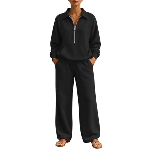 Sudadera con cuello y cremallera mujer que estiliza la figura junto a pantalón ancho holgado
