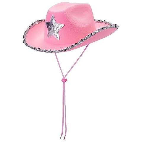 AvoDovA Women Rhinestone Cowboy Hats Wide Brim Western Costume Furry Cowgirl Hats Birthday Party Dress Up Supplies (Pink Star, One Size) Cover