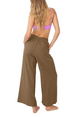 Women's High Waist Casual Wide-Leg Linen Trousers Vacation Palazzo Beach Pant Summer Business Pants with Pockets3