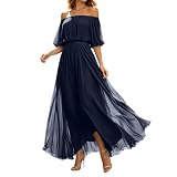 DASONLUE Abito da sera da donna, lungo, spalle scoperte, chiffon, linea ad A, elegante, abito da damigella d'onore, con volant, vita alta, abito da ballo, per ospiti di nozze, occasioni festive