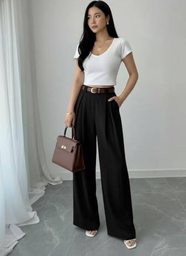 Image of SMOWKLY Women's Korean Style Loose Fit Wide Leg Trousers | Cotton Blend Pleated Palazzo Pants with Elastic Back Waist | High Waist Office & Casual Wear | Stretchable & Breathable