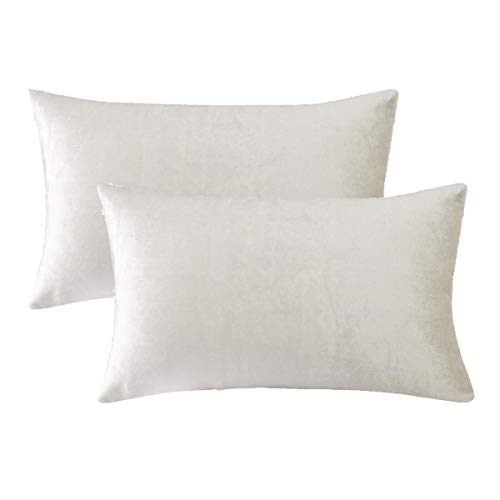 Image of GIGIZAZA White Velvet Decorative Throw Pillow Covers Cases for Sofa Bed 2 Pack Soft Cushion Cover (Rice Ivory, 12 x 20- Set of 2)