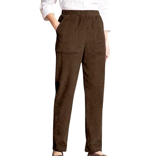 Brown XL 2024 Womens Straight Leg Corduroy Pants Casual High Waist Elastic Pull On Trousers Fashion Office Work Fall Winter Pant with Pockets