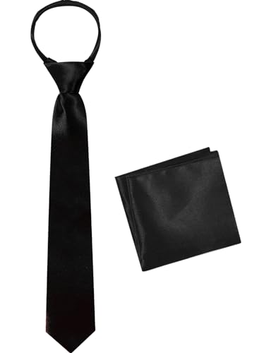 A&J DESIGN Boys Ties Necktie and Pocket Square Set Pre-Tied Zipper Tie for Wedding School Accessory Black 15 Inch