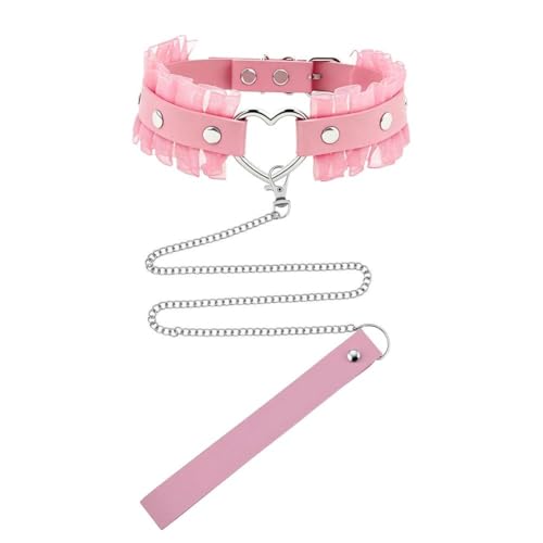 Sexy Choker Necklaces for Womens Lace Leather Choker Collar with Leash Heart Choker Necklace for Adult Play Sex Role Play Accessory Punk Gothic Neck Chains Pink Adjustable Collars for Women with Leash