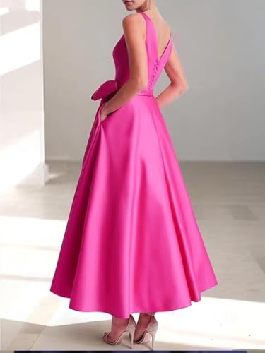 UZN Tea Length Mother of The Bride Dresses 2025 Satin with Bow Formal Wedding Guest Gown with Pockets4