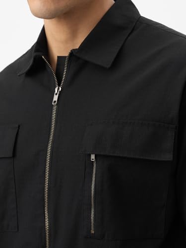 Image of The Souled Store Zipper Shirt: Men and Boys Short Sleeve Spread Collar Zipper Front Solid Textured Regular Fit Casual Easy to Style Everyday Office Wear Cotton Shirt