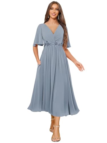 V Neck Mother of The Bride Dresses Tea Length Chiffon Flutter Sleeve Bridesmaid Dress with Pockets4