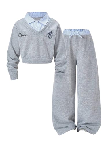 Image of Yoxindax Girls 2-Piece Clothes 2 In 1 Collared V-Neck Sweatshirt Wide Leg Contrast Color Pants Winter 7-14Y Outfits Set