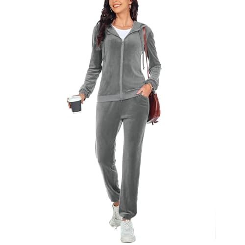 Womens 2 Piece Sweatsuits Set Velvet Long Sleeve Zip Up Track Suits Jogging Suit Grey X-Large