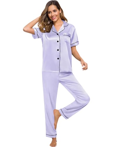 Image of SWOMOG Women Satin Pajamas Set Short Sleeve Top & Pants Sleepwear Silky Button Down Nightwear 2pcs Loungewear Pjs Set
