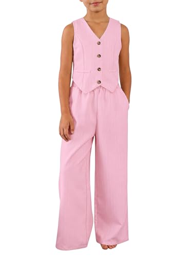 LuxyBear Girls Two Piece Outfits Kids Vest And Wide Leg Pants Set Back to School Outfits for Girls Pink 11-12 Years