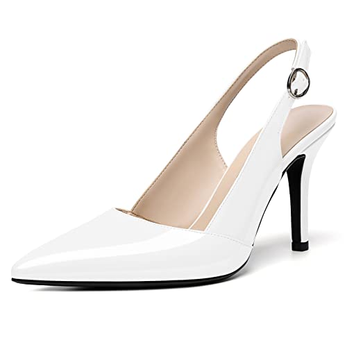 AUMOTED Women's Slingback Pointed Toe High Heels Slip-on Stiletto with Adjustabe Heel Pumps Wedding Office Party Dress Shoes 9CM Patent White US Size 9
