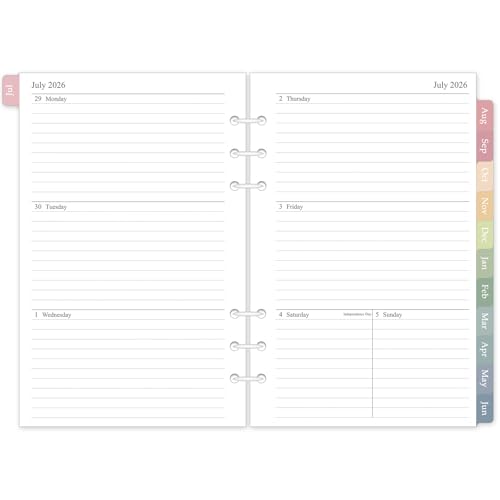 2026-2027 Weekly & Monthly Planner Refill for 6 Holes A5 Medium Planner Inserts 5.5x8.5 July 2026 - June 2027 12 Monthly Calendars with Colorful Laminated Tabs 6-Hole Punched
