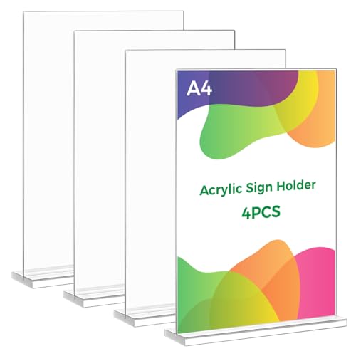 Thboxes 4 Pack A4 Acrylic Sign Holder T-Shaped Double-Side Display Stand