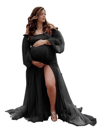 Verngo Tulle Maternity Dress for Photoshoot Long Sleeve Off Shoulder Slit Pregnancy Gown Baby Shower Dresses