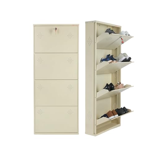 4 Door Wall Mounted Metal Shoe Rack Cabinet with Lock | Space Sav...