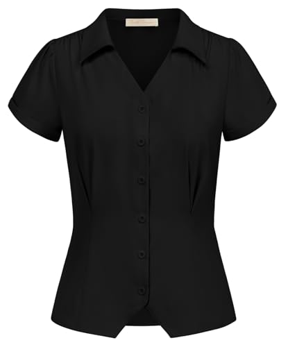 Ladies 1950s Retro Tops Button Up Shirts Short Sleeve Tops