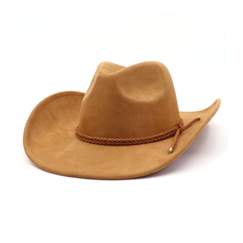 Image of Western Cowboy Hat for Women Men Wide Brim Cowboy Hat for Women with Woven Buckle Belt Suede Classic Fedora Hats