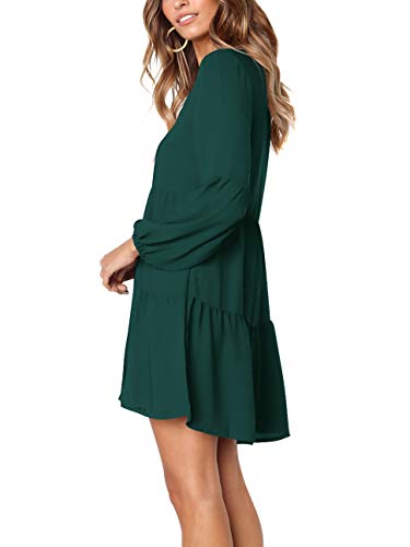 Amoretu Women Long Sleeve Tunic Dress V Neck Swing Shift Dresses(Green,Medium)