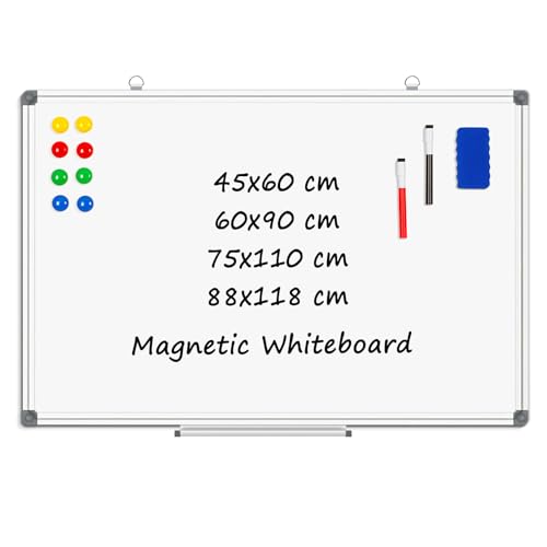 4 THOUGHT Whiteboard 60 x 90 cm Magnetic A1 Large White Board for Wall with 2 Markers Pens 8 Magnets and 1 Eraser Whiteboards Dry Erase Board for Home Kitchen Office 600mm x 900mm